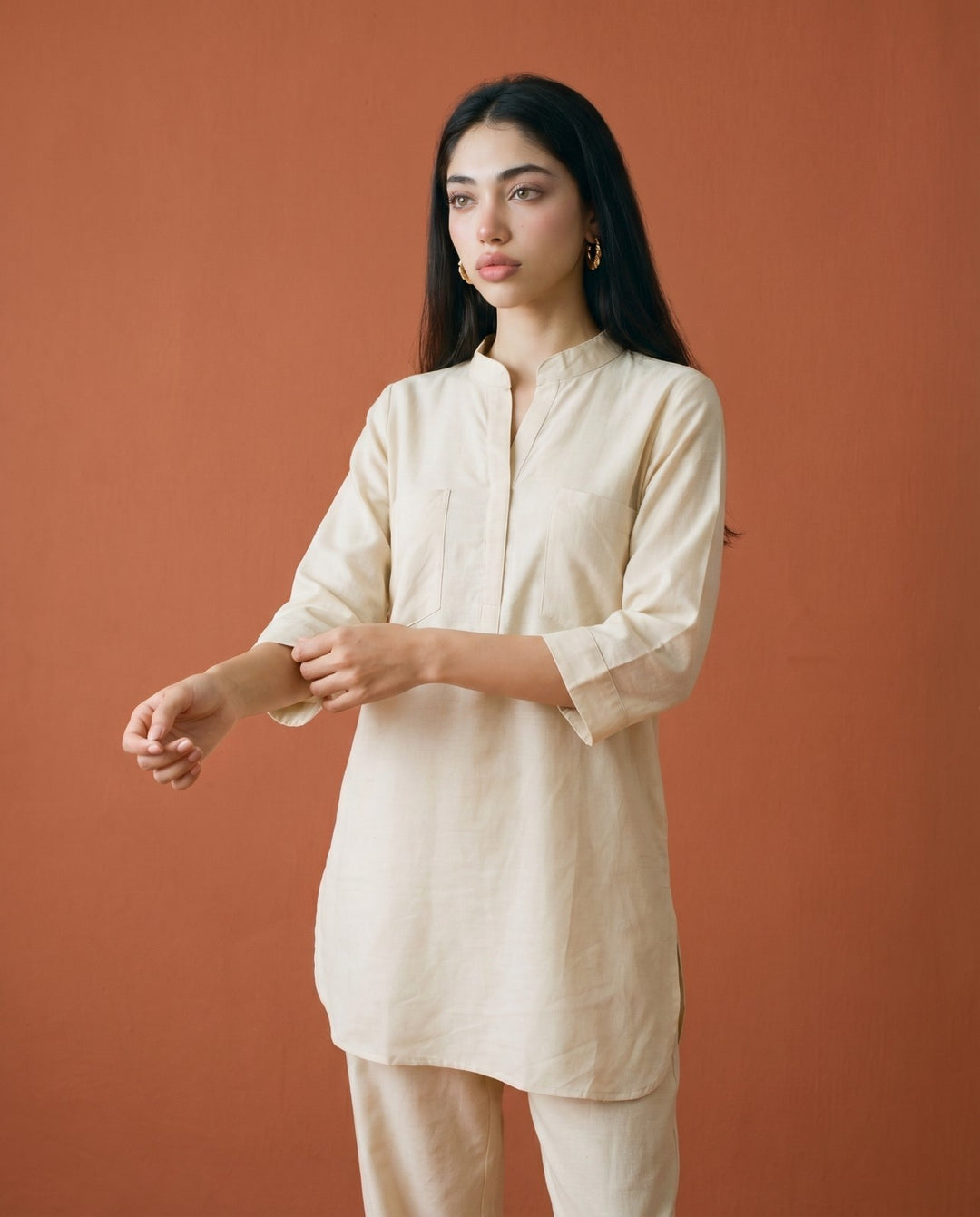 Beige Solid Linen Blended Co-Ord Set