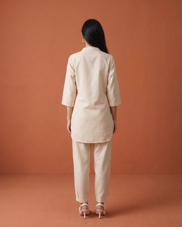 Beige Solid Linen Blended Co-Ord Set