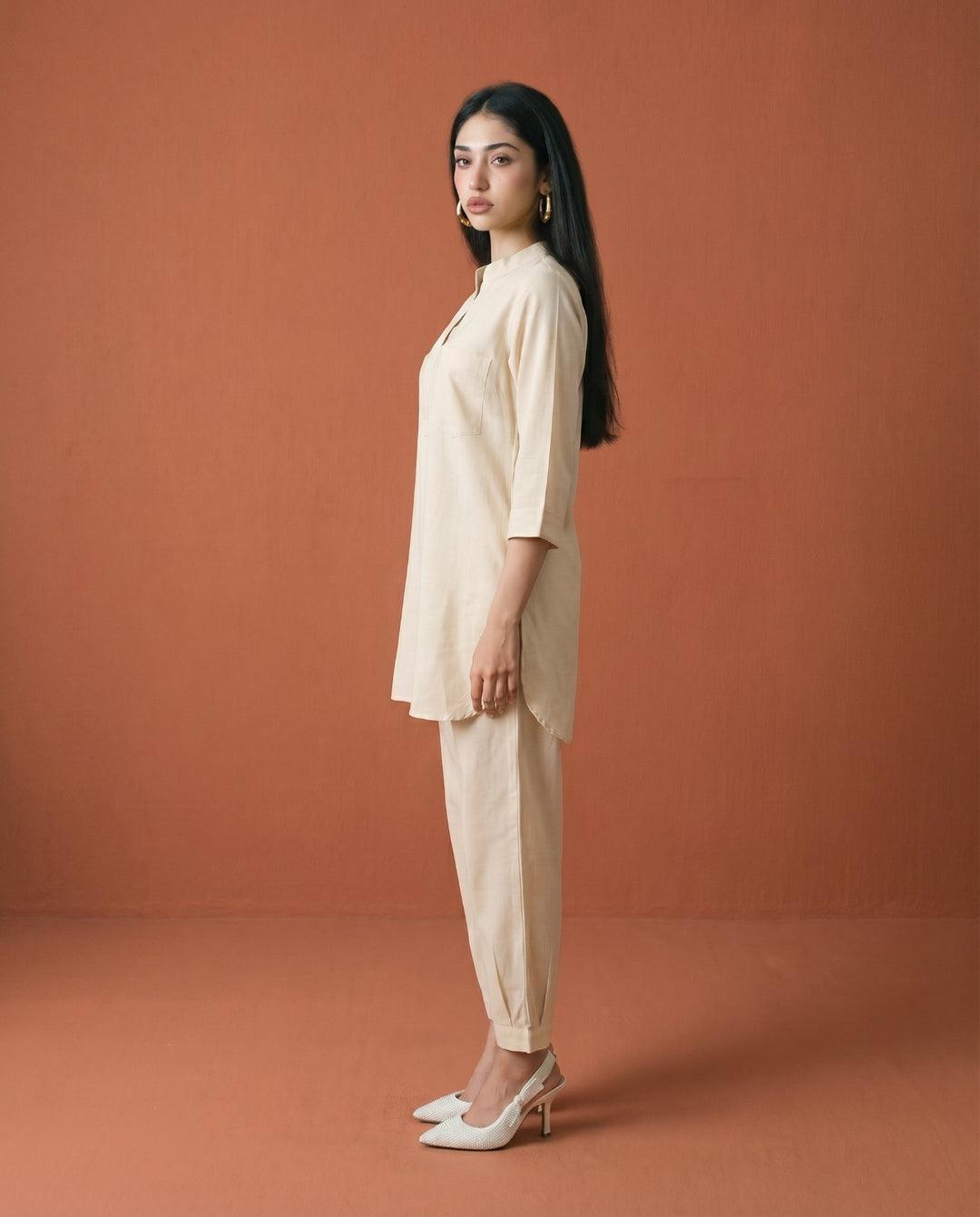 Beige Solid Linen Blended Co-Ord Set