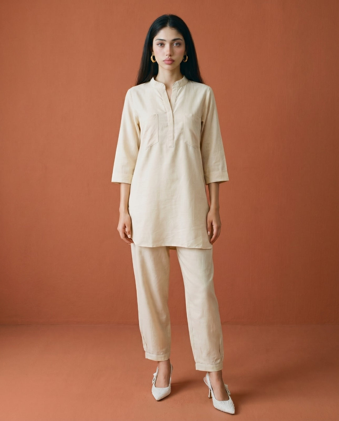 Beige Solid Linen Blended Co-Ord Set