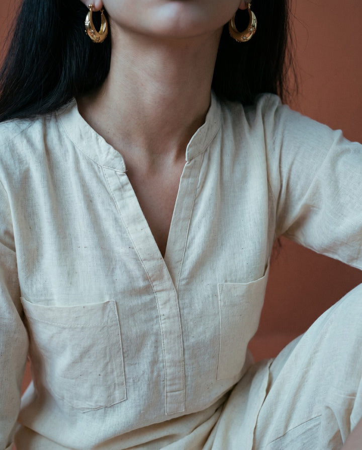 Beige Solid Linen Blended Co-Ord Set