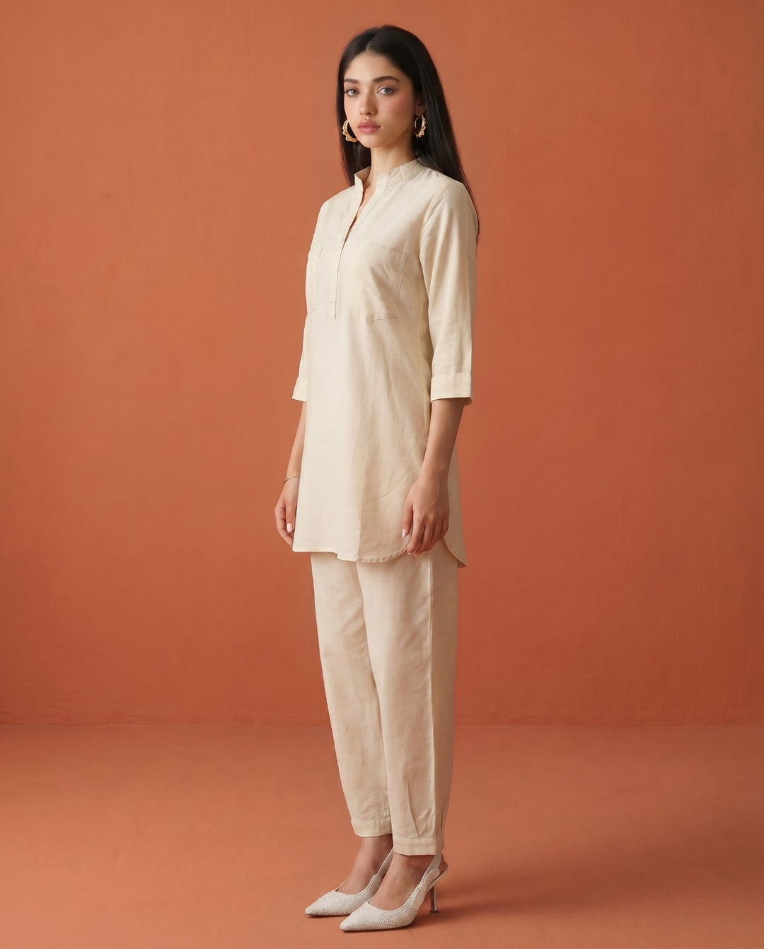 Beige Solid Linen Blended Co-Ord Set