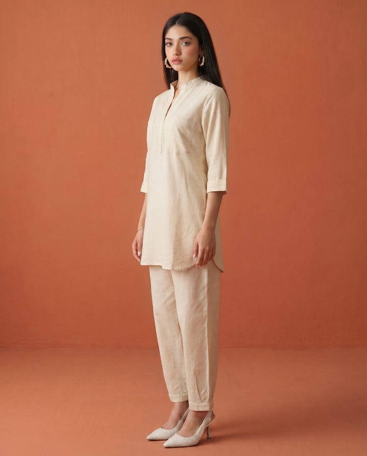 Beige Solid Linen Blended Co-Ord Set