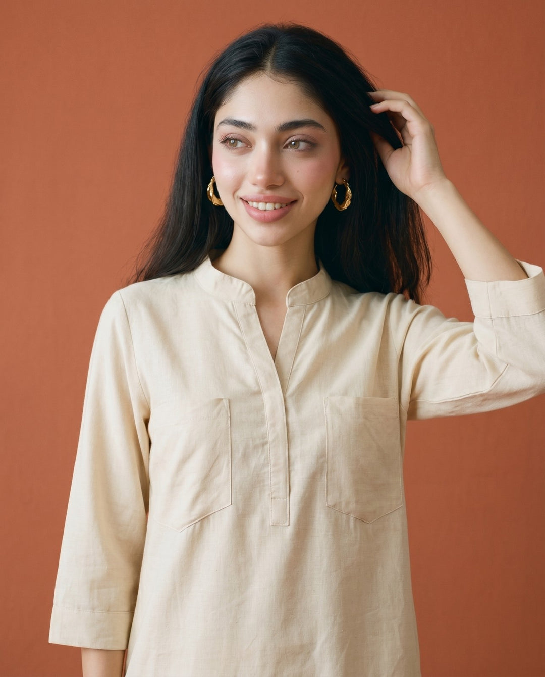 Beige Solid Linen Blended Co-Ord Set