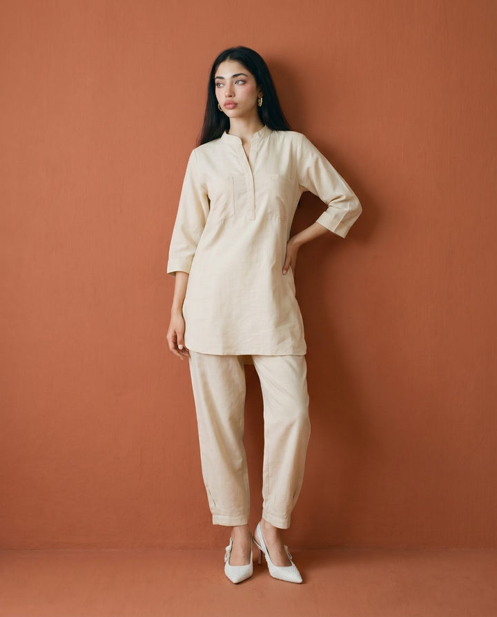 Beige Solid Linen Blended Co-Ord Set