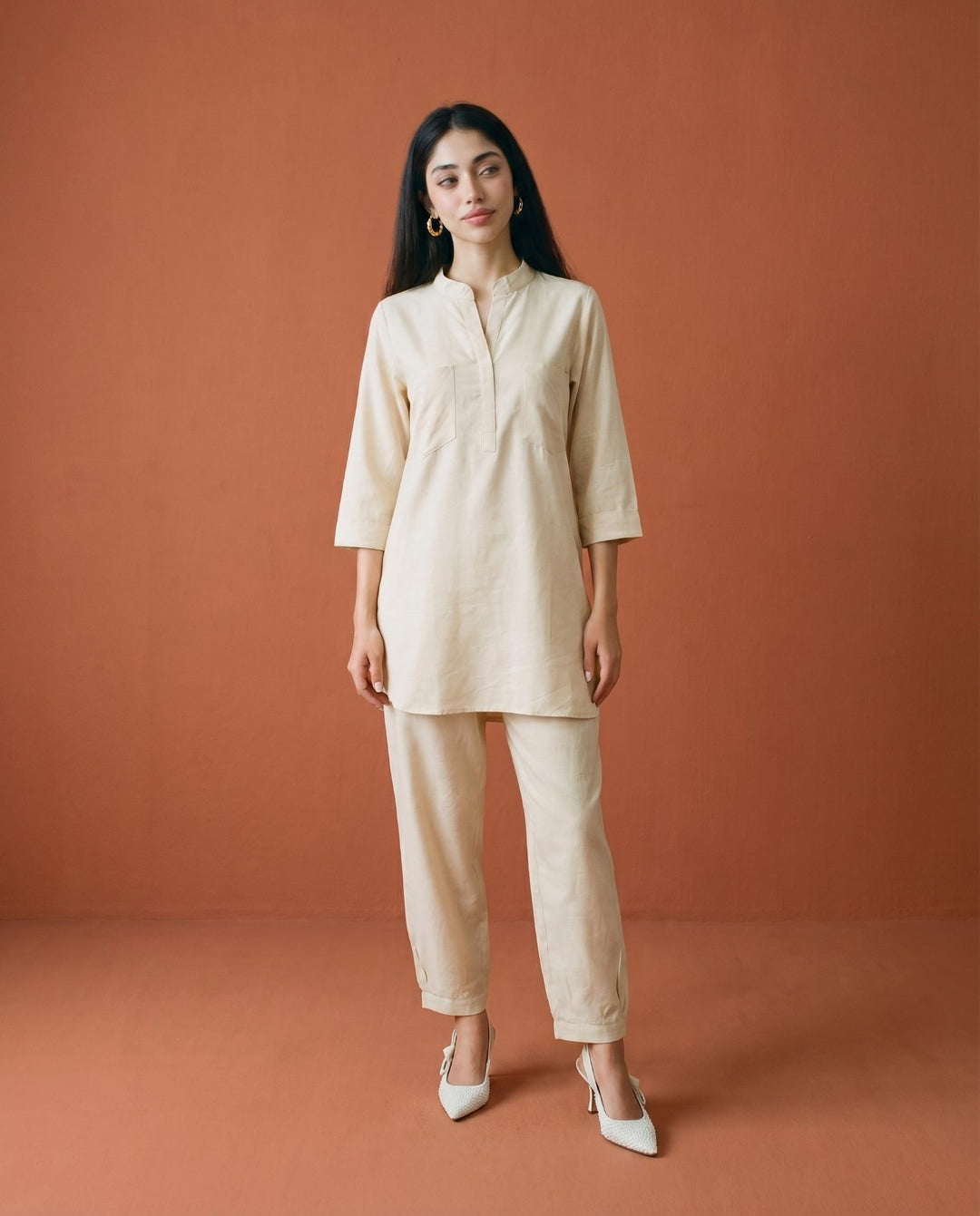 Beige Solid Linen Blended Co-Ord Set