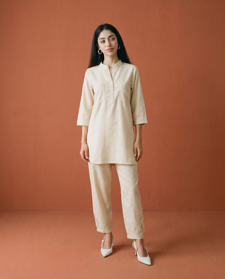 Beige Solid Linen Blended Co-Ord Set
