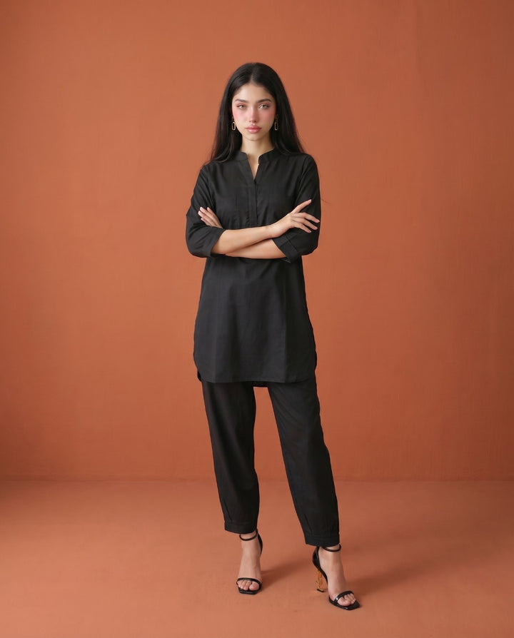 Black Solid Cotton Satin Co-Ord Set