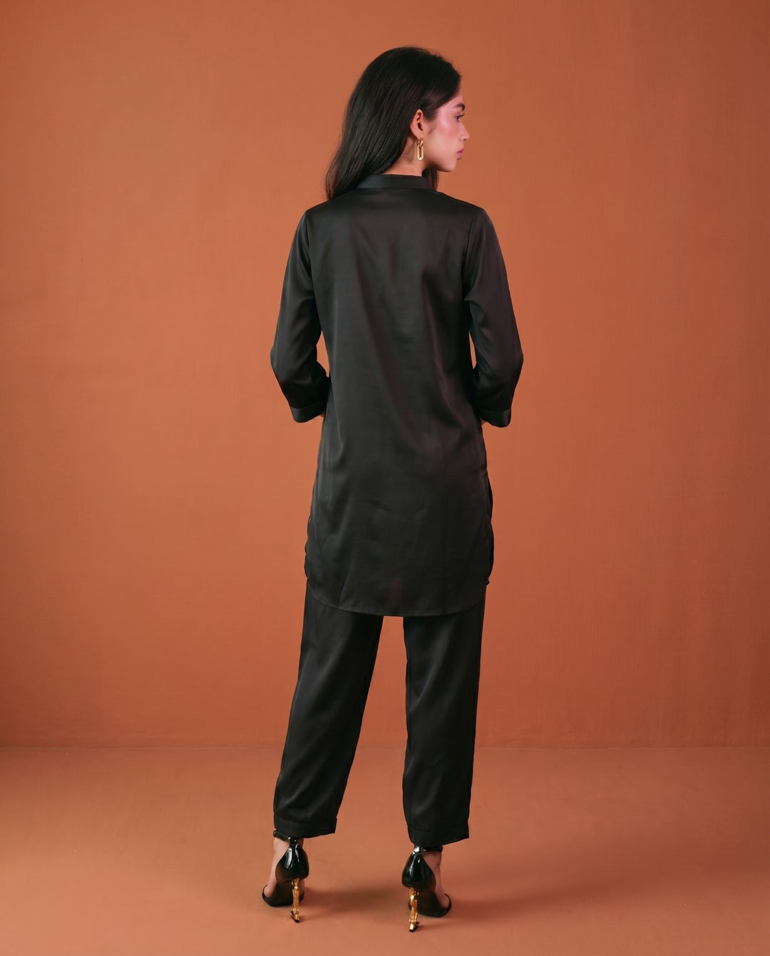 Black Solid Cotton Satin Co-Ord Set