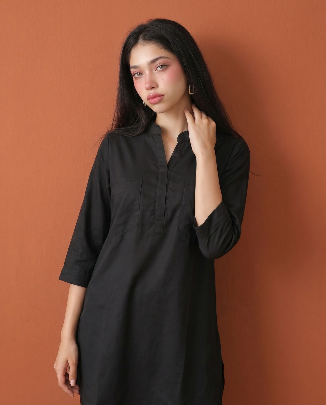Black Solid Cotton Satin Co-Ord Set
