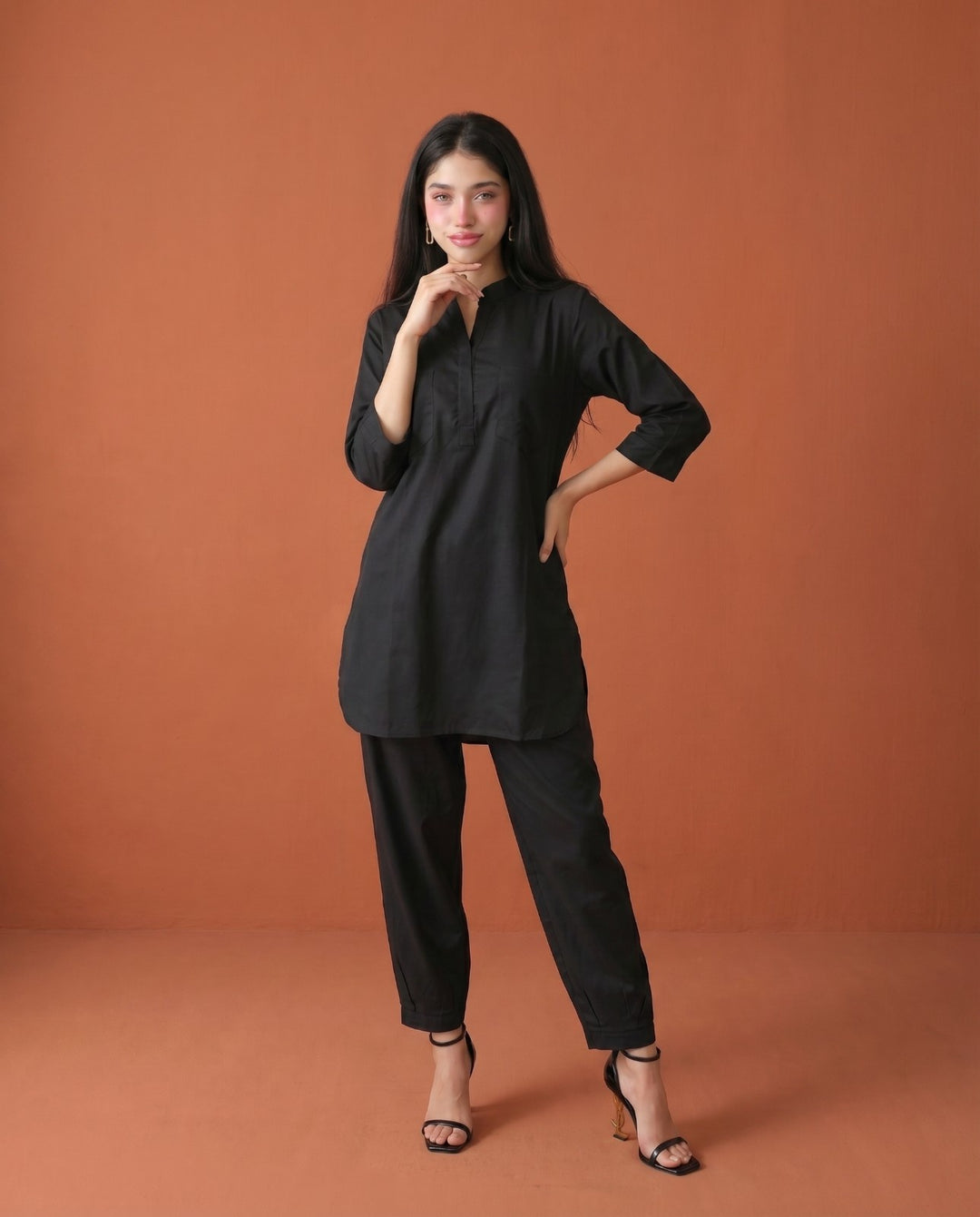 Black Solid Cotton Satin Co-Ord Set
