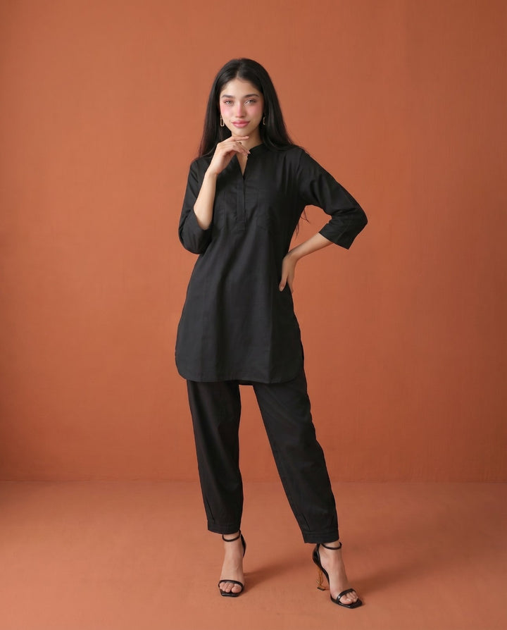 Black Solid Cotton Satin Co-Ord Set