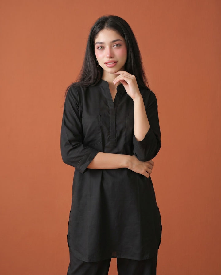 Black Solid Cotton Satin Co-Ord Set