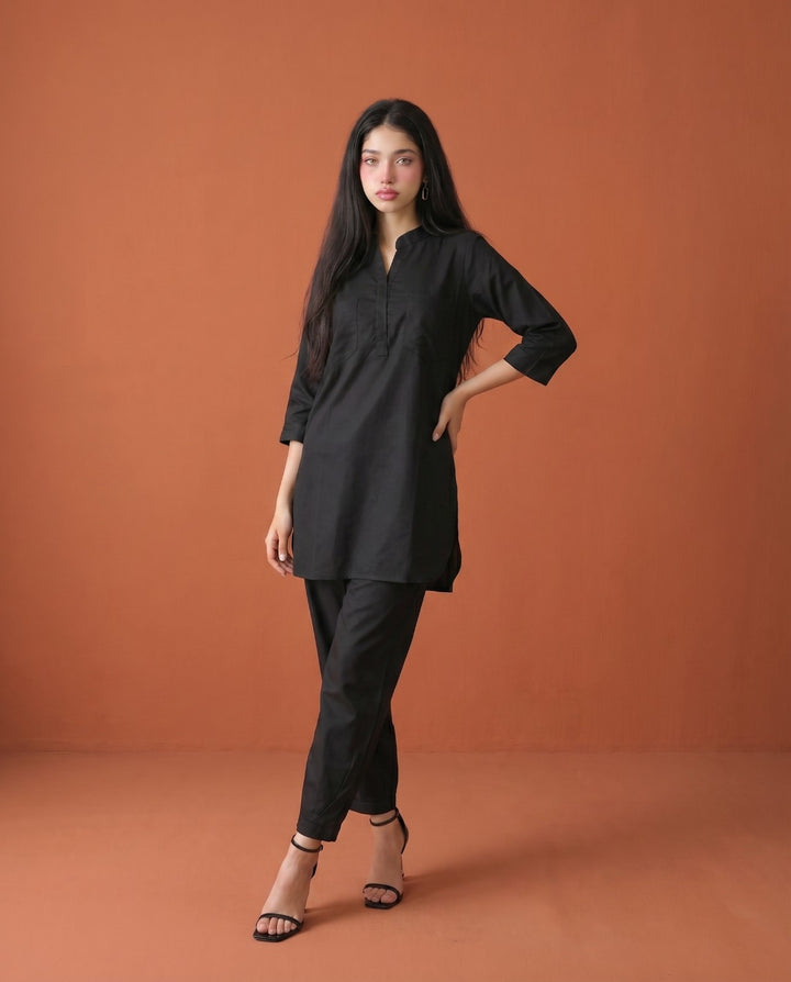 Black Solid Cotton Satin Co-Ord Set