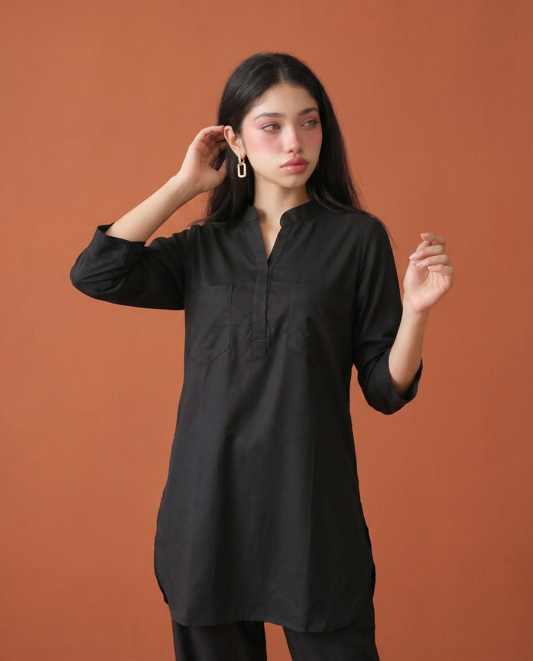 Black Solid Cotton Satin Co-Ord Set