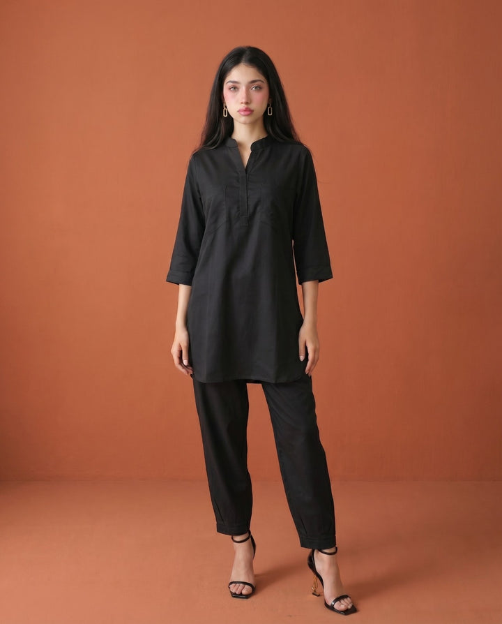 Black Solid Cotton Satin Co-Ord Set