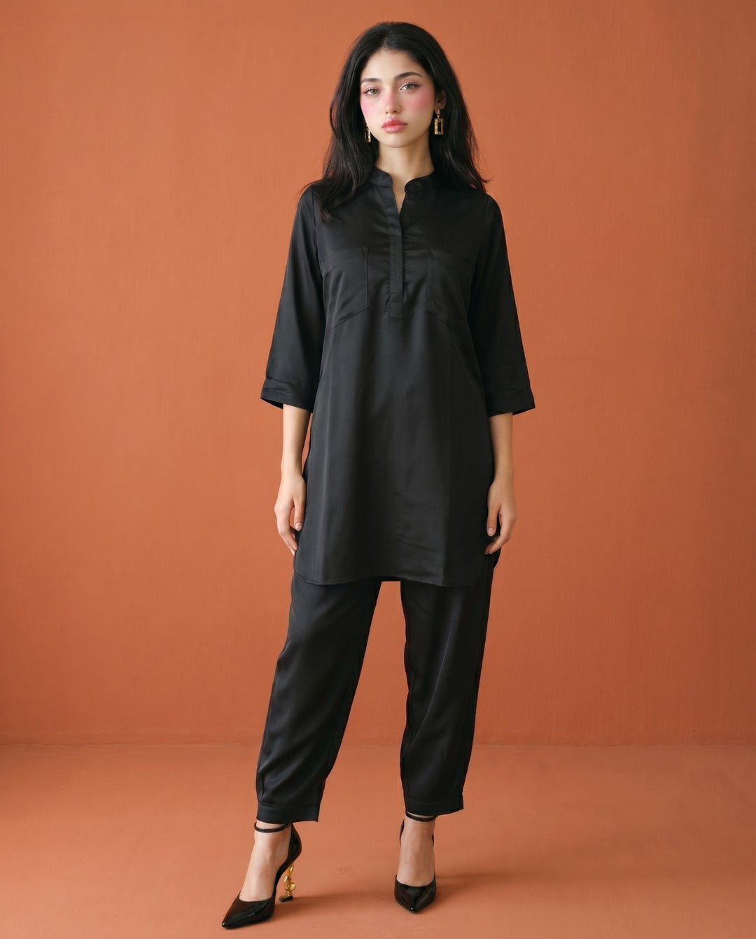 Black Solid Cotton Satin Co-Ord Set