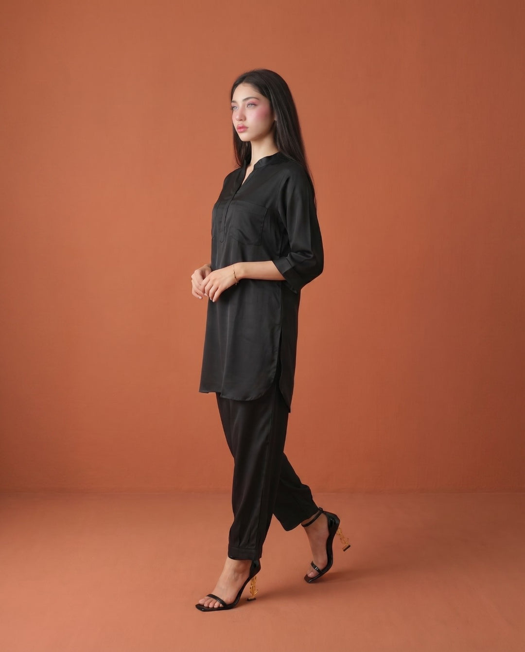 Black Solid Cotton Satin Co-Ord Set