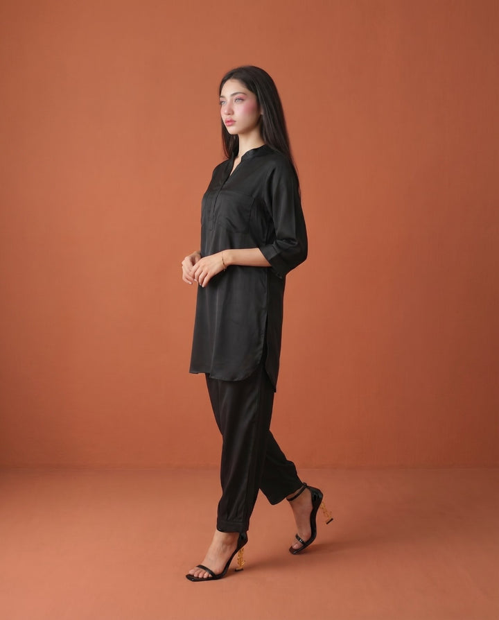 Black Solid Cotton Satin Co-Ord Set