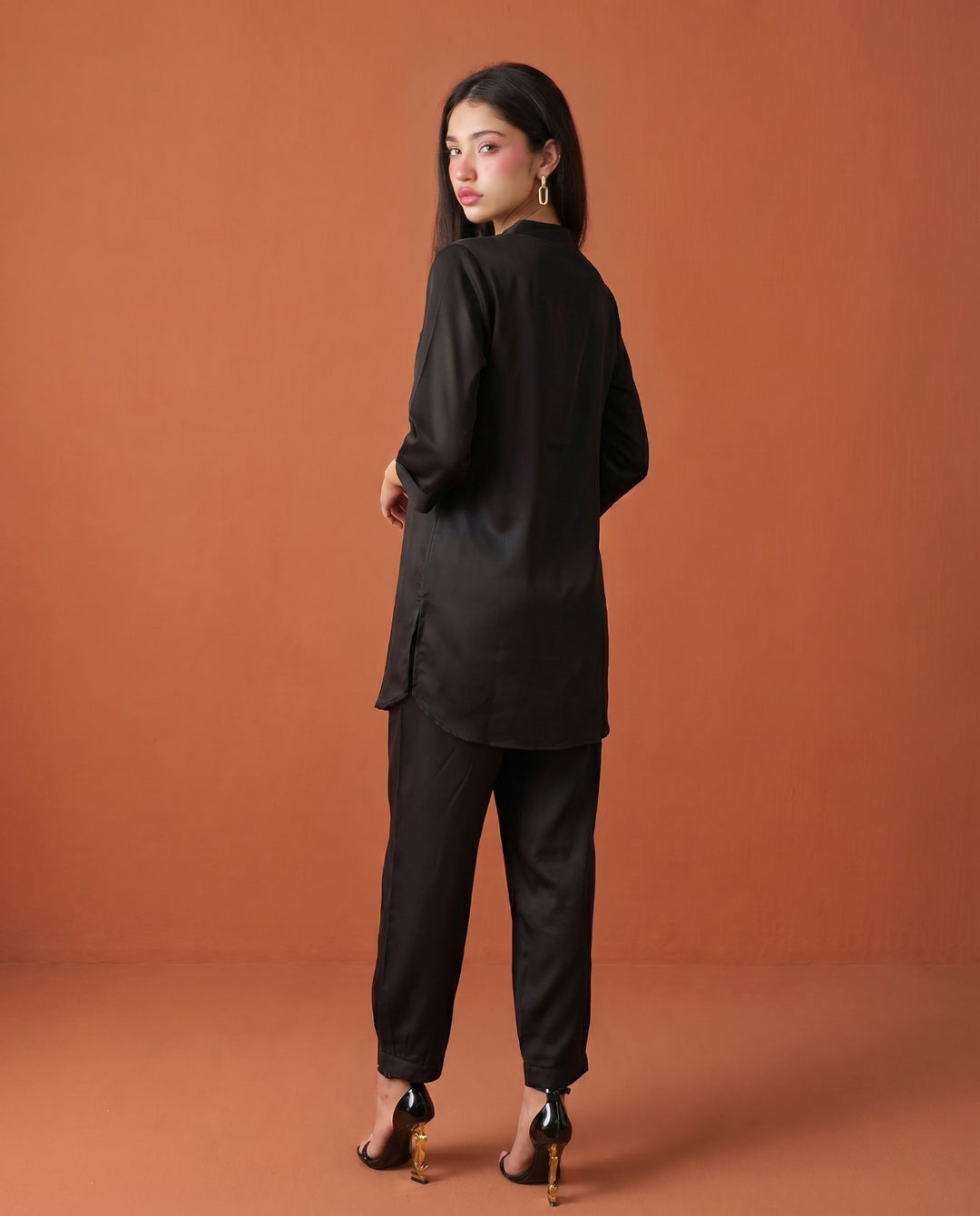 Black Solid Cotton Satin Co-Ord Set