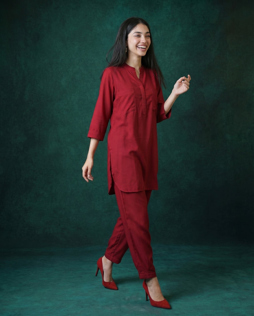 Maroon Solid Cotton Satin Co-Ord Set