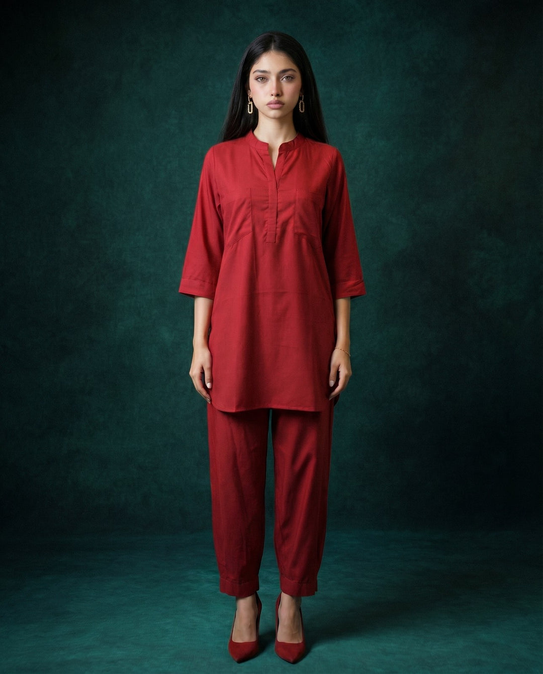 Maroon Solid Cotton Satin Co-Ord Set