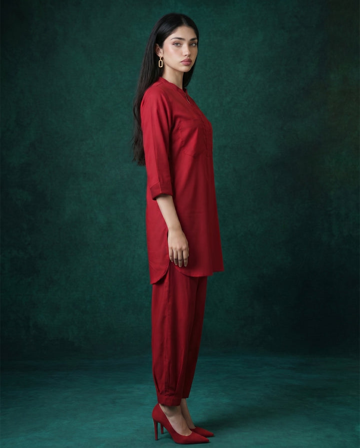 Maroon Solid Cotton Satin Co-Ord Set