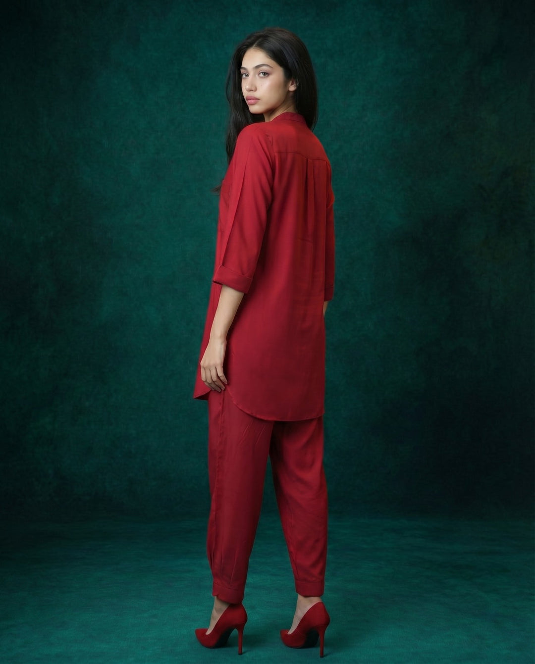 Maroon Solid Cotton Satin Co-Ord Set