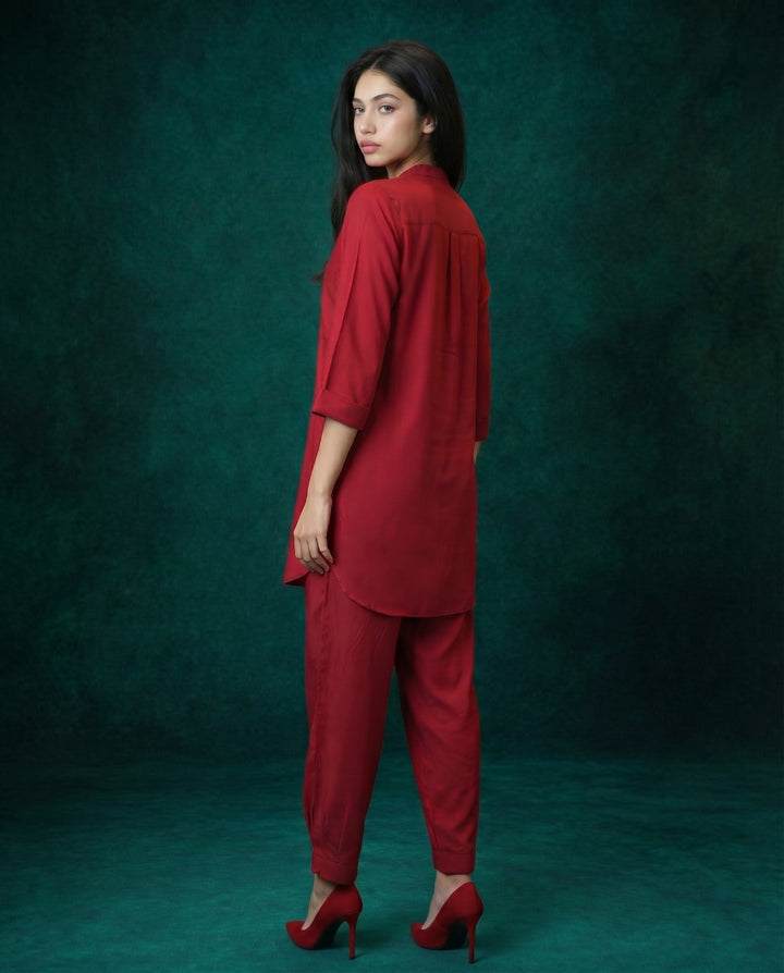 Maroon Solid Cotton Satin Co-Ord Set