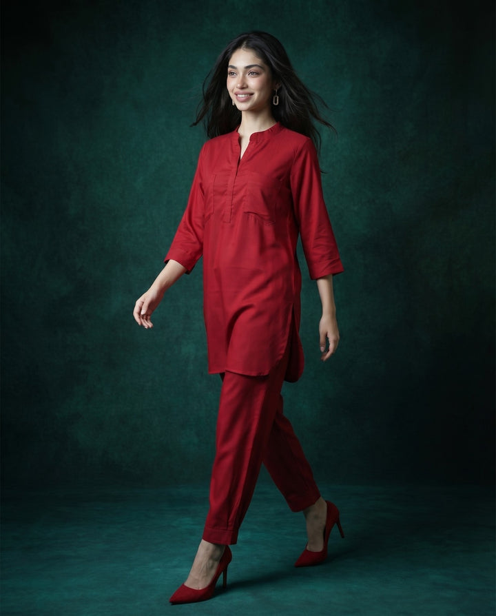 Maroon Solid Cotton Satin Co-Ord Set