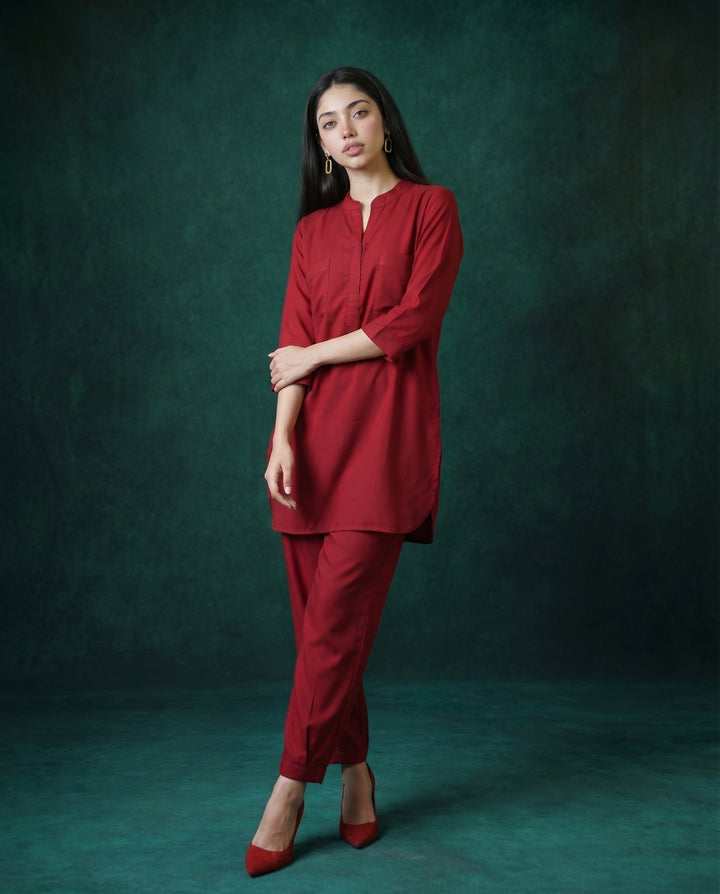Maroon Solid Cotton Satin Co-Ord Set
