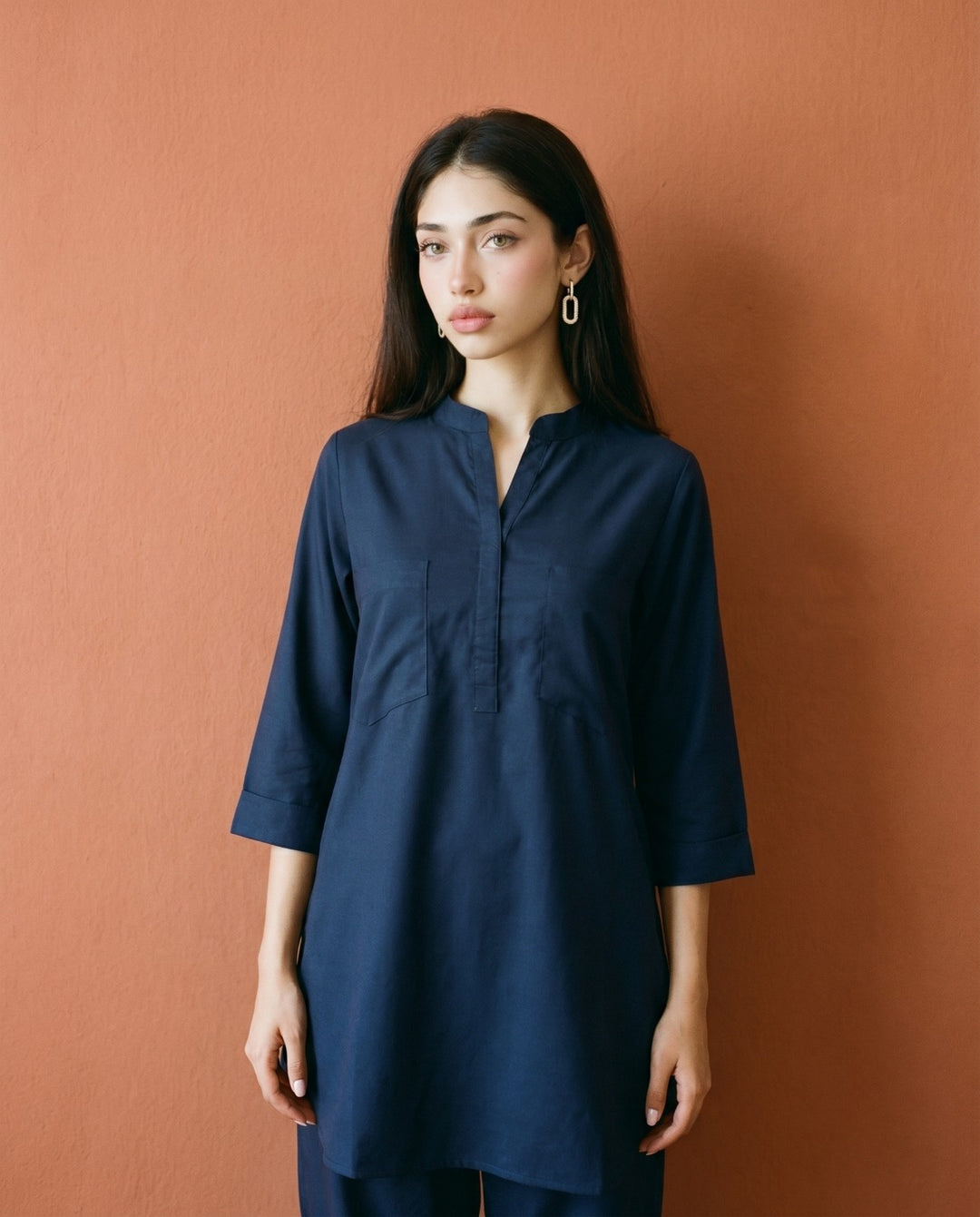 Navy Solid Cotton Satin Co-Ord Set