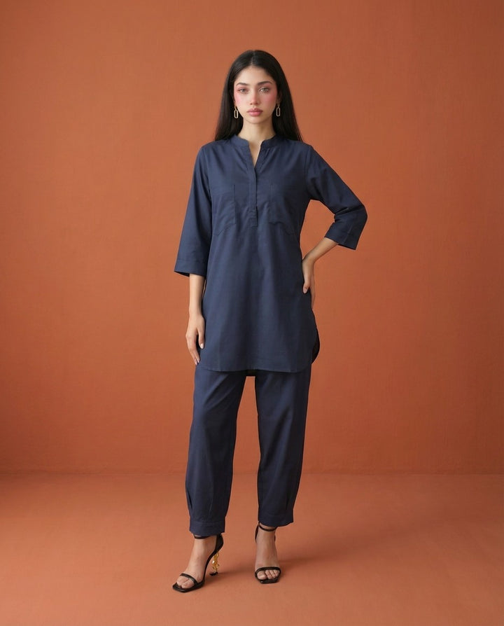 Navy Solid Cotton Satin Co-Ord Set
