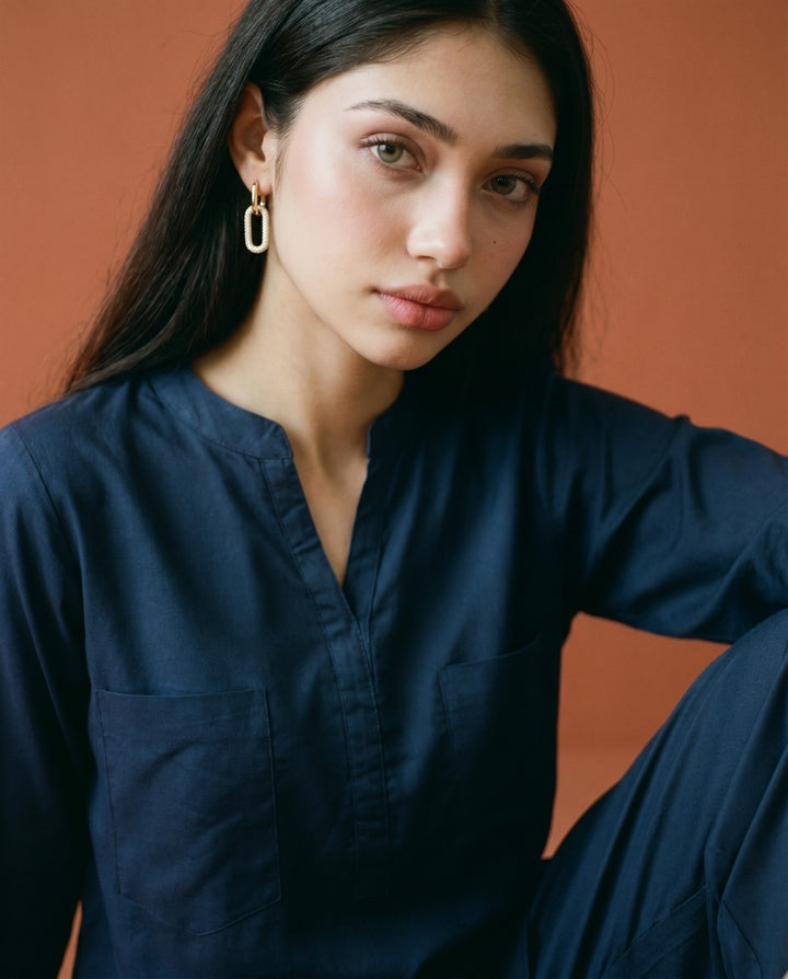Navy Solid Cotton Satin Co-Ord Set