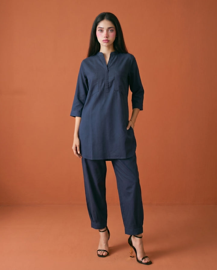 Navy Solid Cotton Satin Co-Ord Set