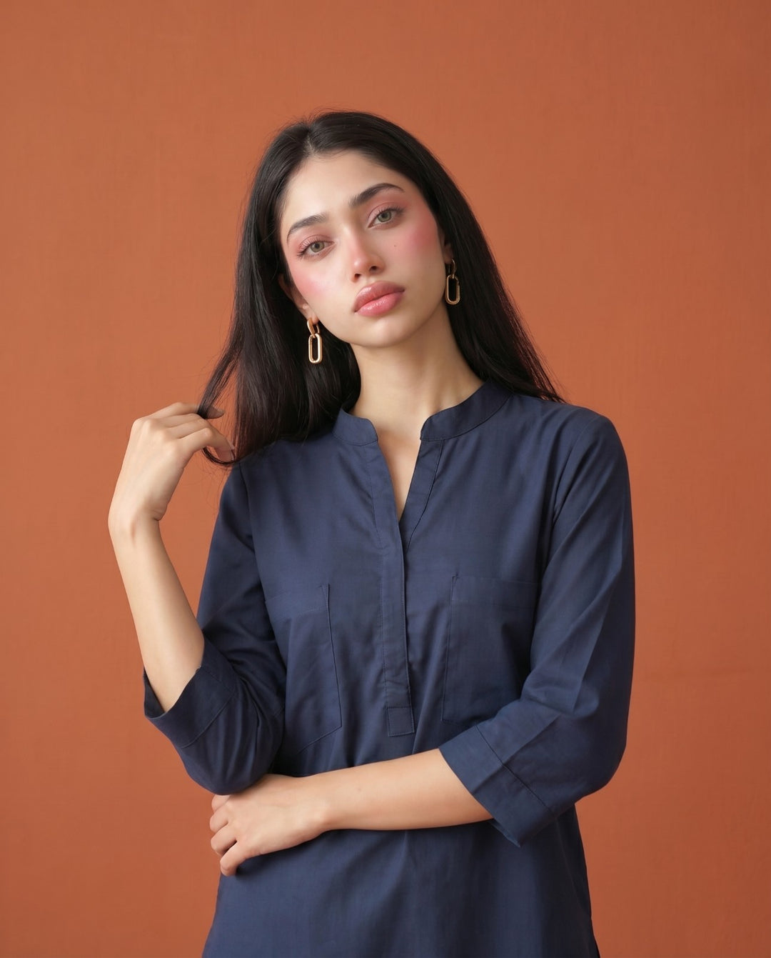 Navy Solid Cotton Satin Co-Ord Set