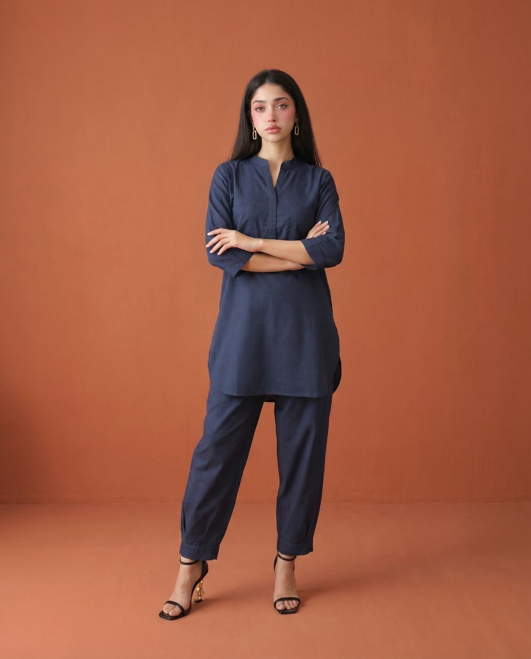 Navy Solid Cotton Satin Co-Ord Set