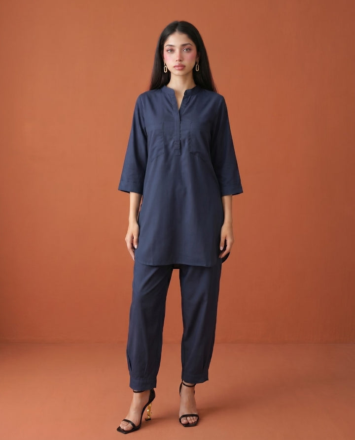 Navy Solid Cotton Satin Co-Ord Set