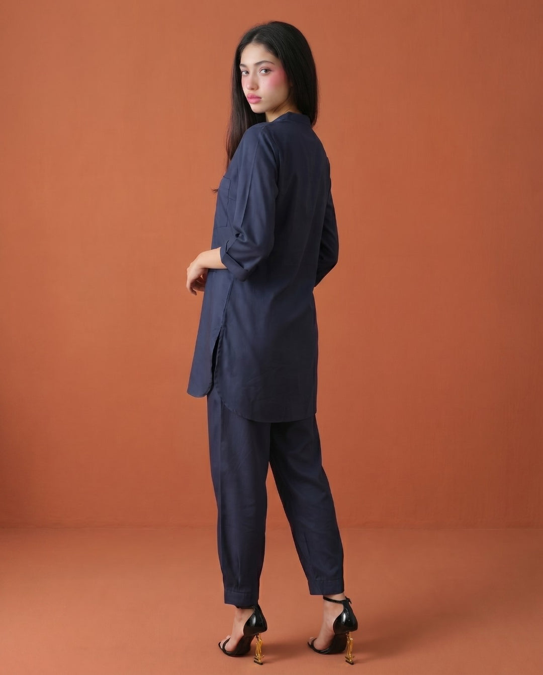 Navy Solid Cotton Satin Co-Ord Set
