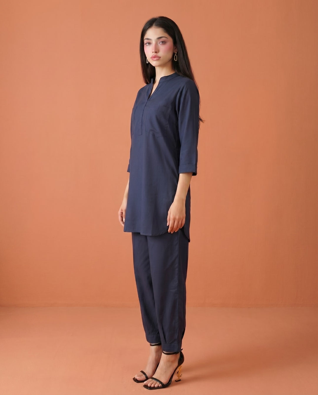 Navy Solid Cotton Satin Co-Ord Set