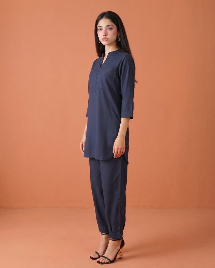 Navy Solid Cotton Satin Co-Ord Set