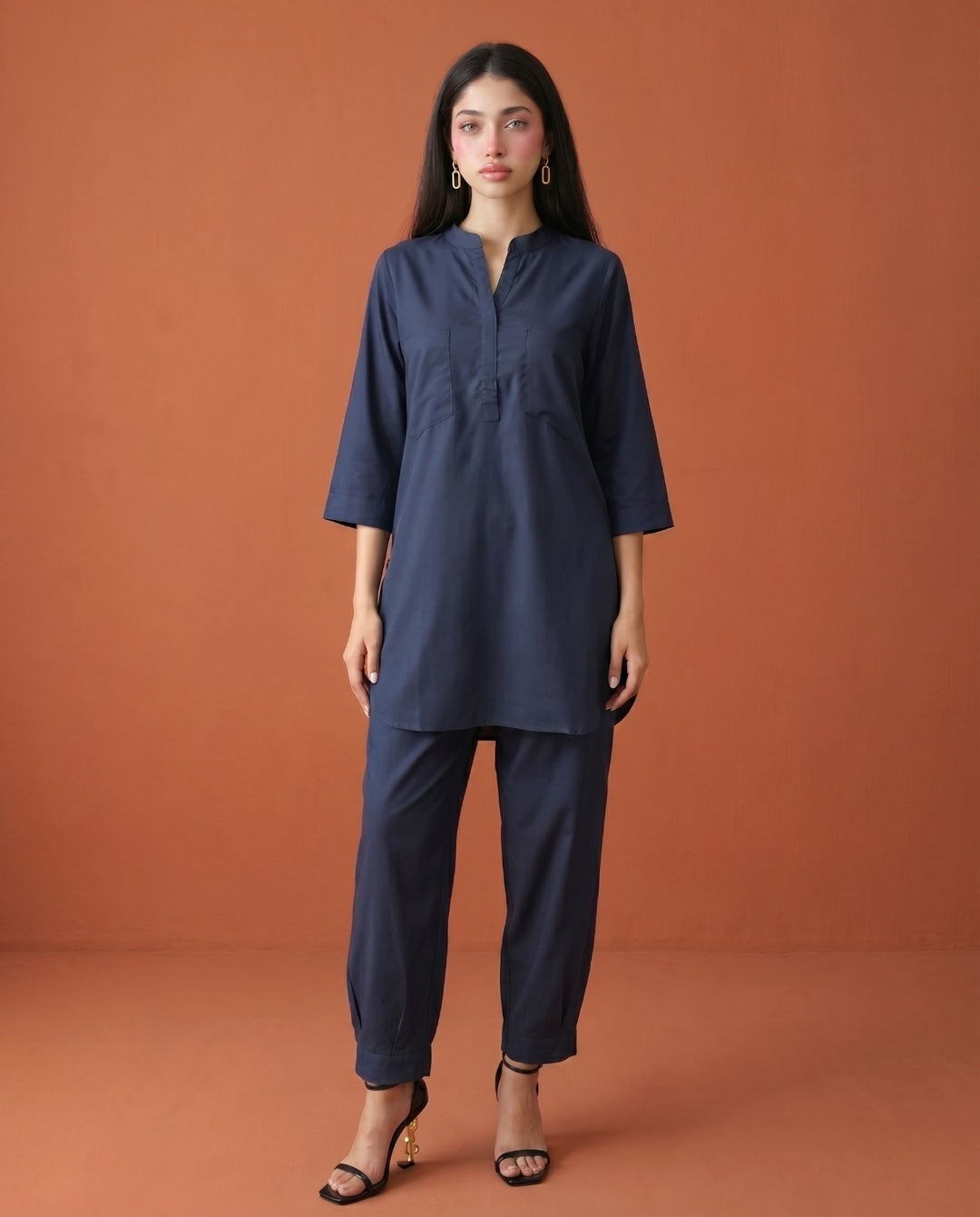 Navy Solid Cotton Satin Co-Ord Set