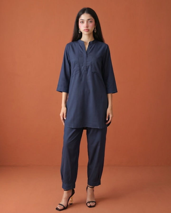 Navy Solid Cotton Satin Co-Ord Set