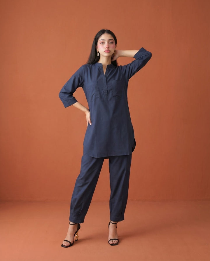 Navy Solid Cotton Satin Co-Ord Set