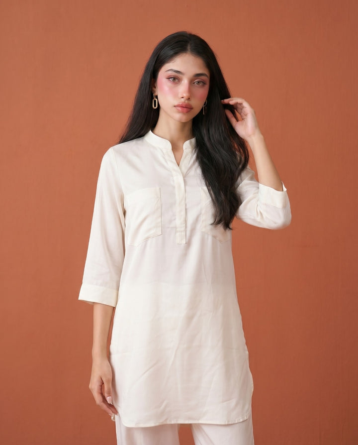 White Solid Cotton Satin Co-Ord Set