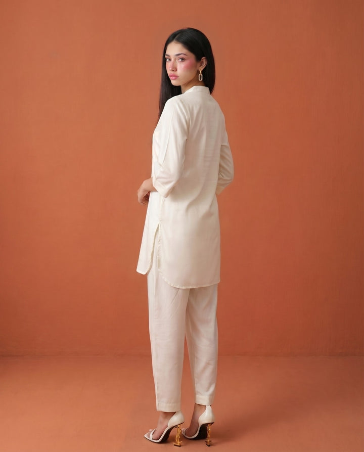 White Solid Cotton Satin Co-Ord Set