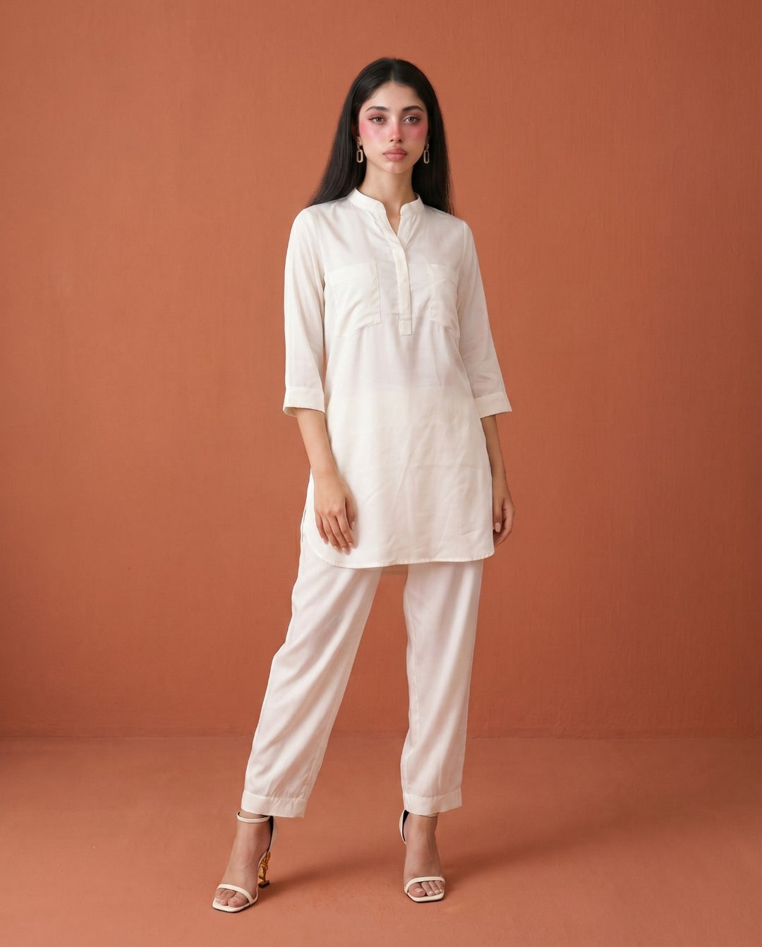 White Solid Cotton Satin Co-Ord Set