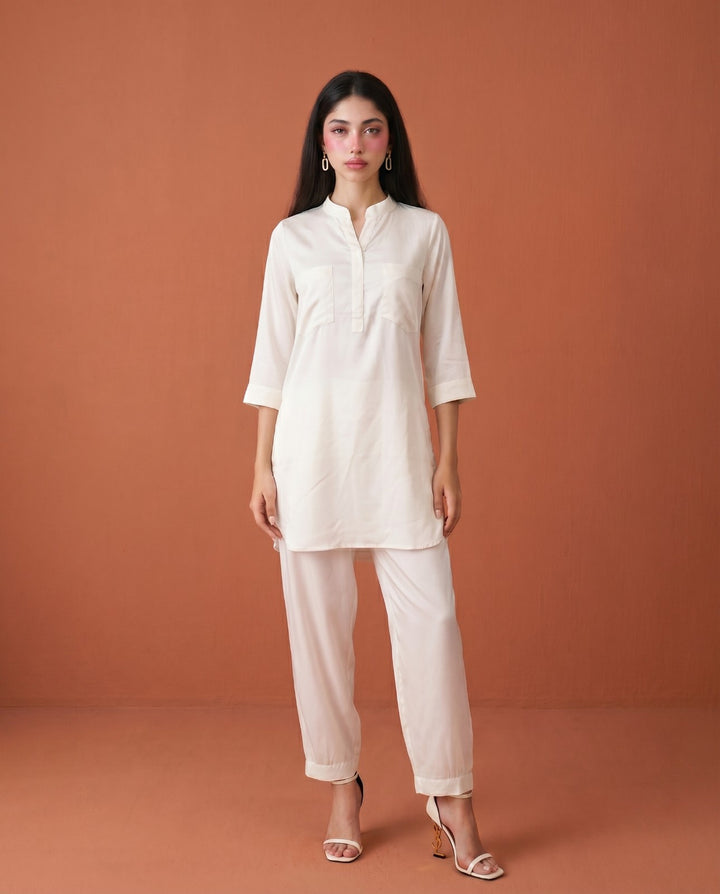 White Solid Cotton Satin Co-Ord Set