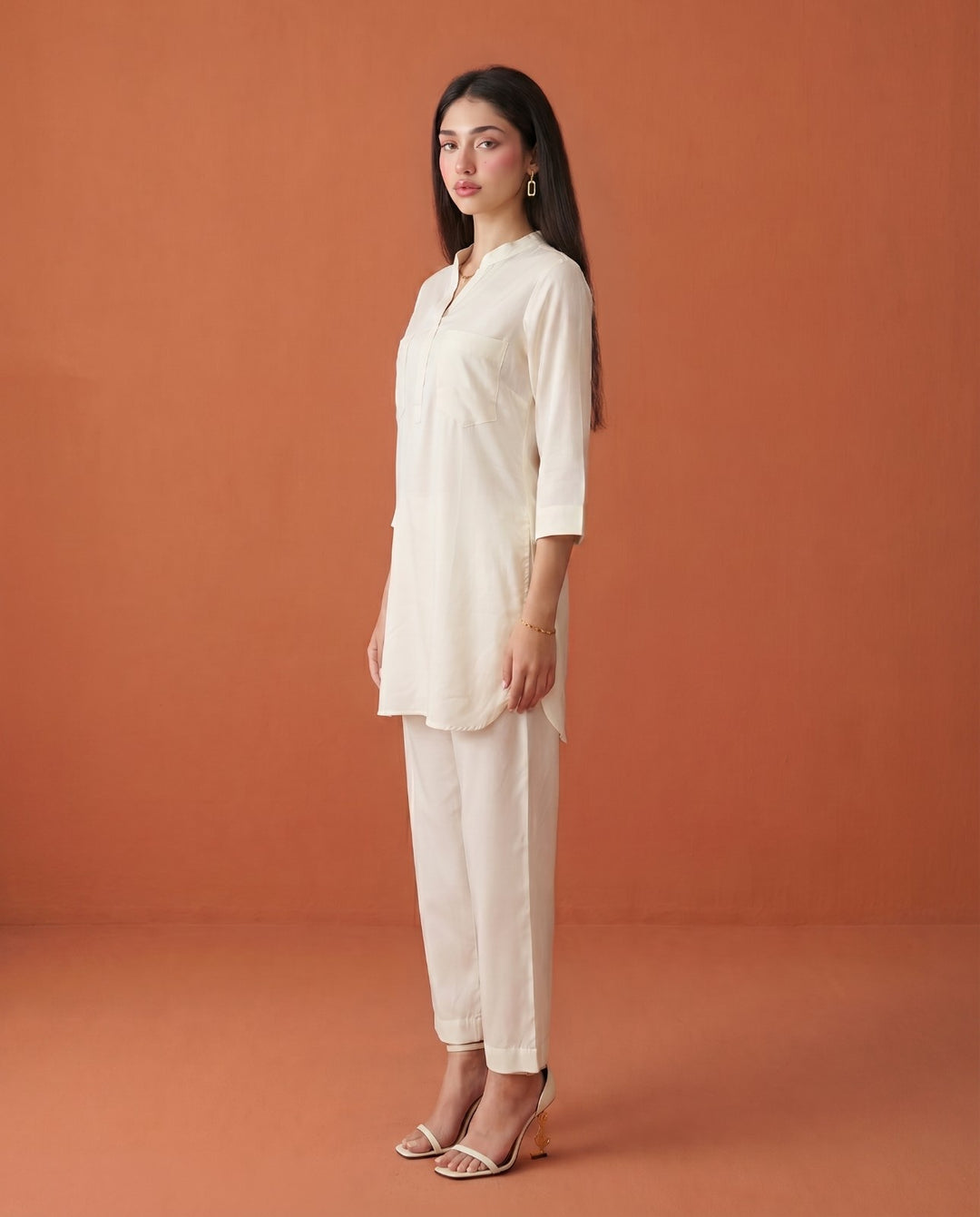 White Solid Cotton Satin Co-Ord Set