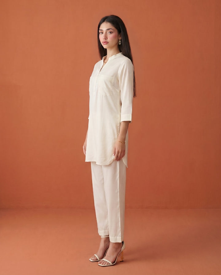 White Solid Cotton Satin Co-Ord Set
